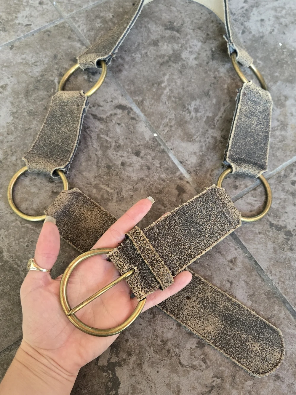 Vintage Rustic Genuine Leather Belt With Brass Rings Hoops Brown Grey